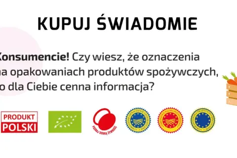 Kobieta i rolnik z koszem pełnym produktów. Napis "Kupuj świadomie" i pytania o oznaczenia na coty.