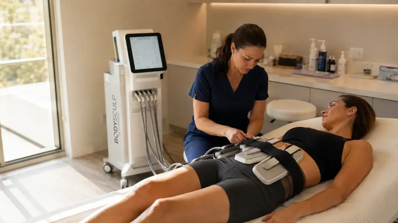 Kobieta na leżance przechodzi zabieg modelowania sylwetki. Specjalistka przygotowuje urządzenie do liposukcji laserowej.