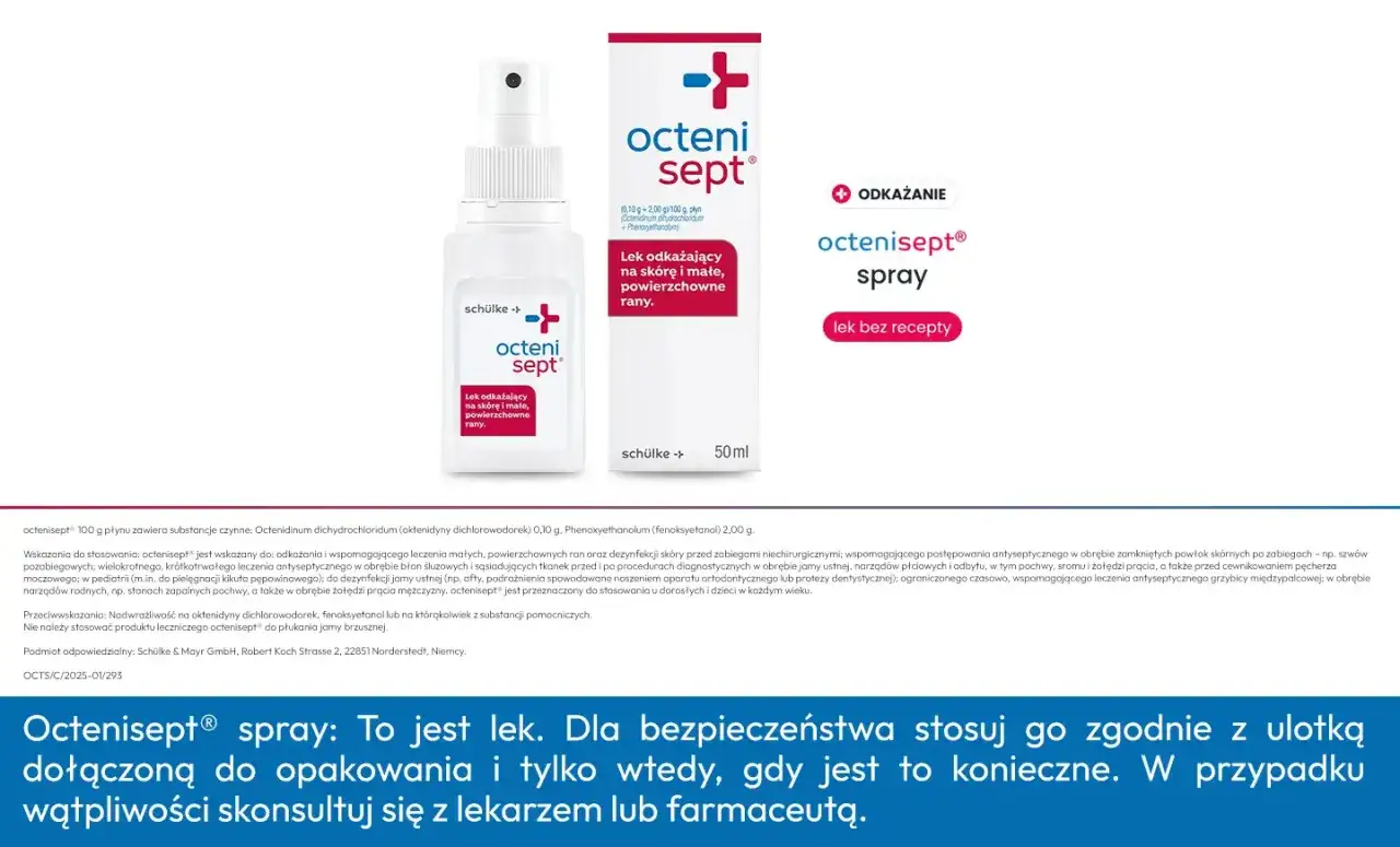 Octenisept spray do odkażania ran. Pomaga w leczeniu małych, powierzchownych oparzeń i skaleczeń.