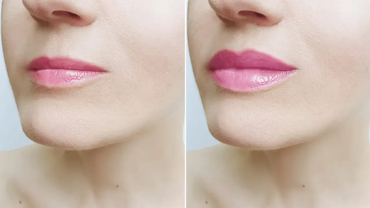 Przed i po zabiegu lip flip. Usta po zabiegu są pełniejsze i bardziej wyraziste, z subtelnie uniesioną górną wargą.